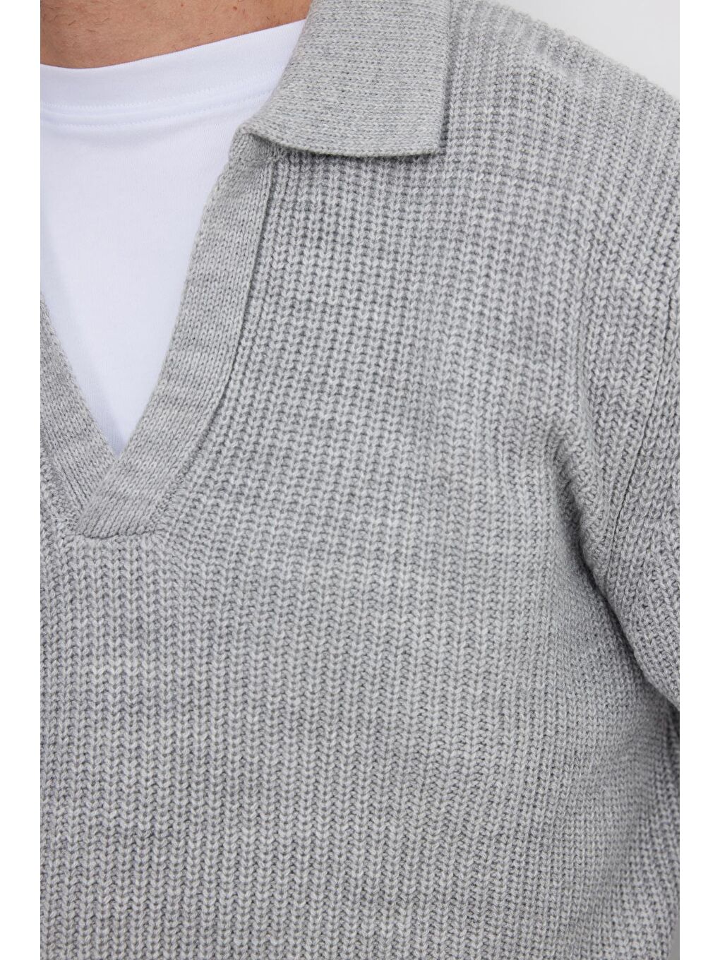 Erkek Slim Fit Dar Kesim Polo Yaka Gri Kazak-2