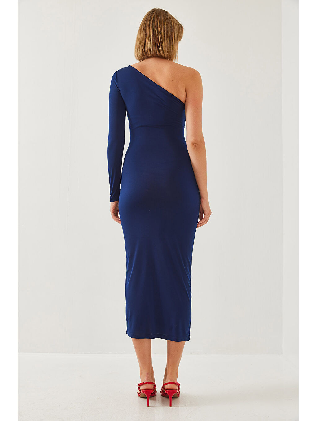 Lacivert Kadın Tek Omuz ve Büzgülü Uzun Elbise-4