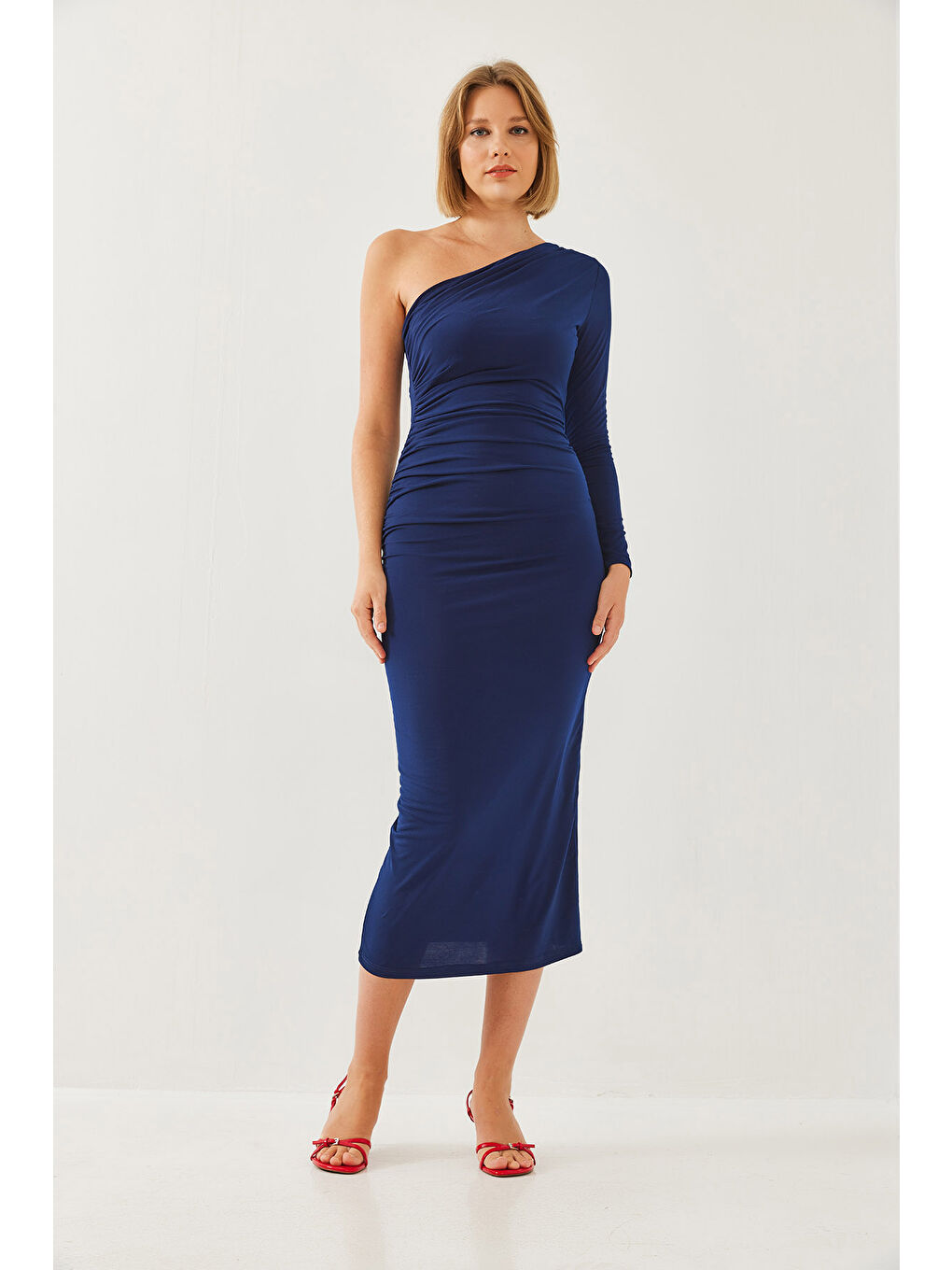 Lacivert Kadın Tek Omuz ve Büzgülü Uzun Elbise-5