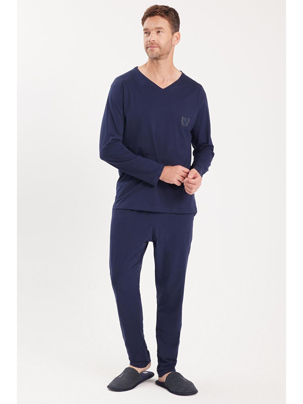 Erkek Standart Fit %100 Pamuk V Yaka Beli Lastikli Lacivert Pijama Takımı-3