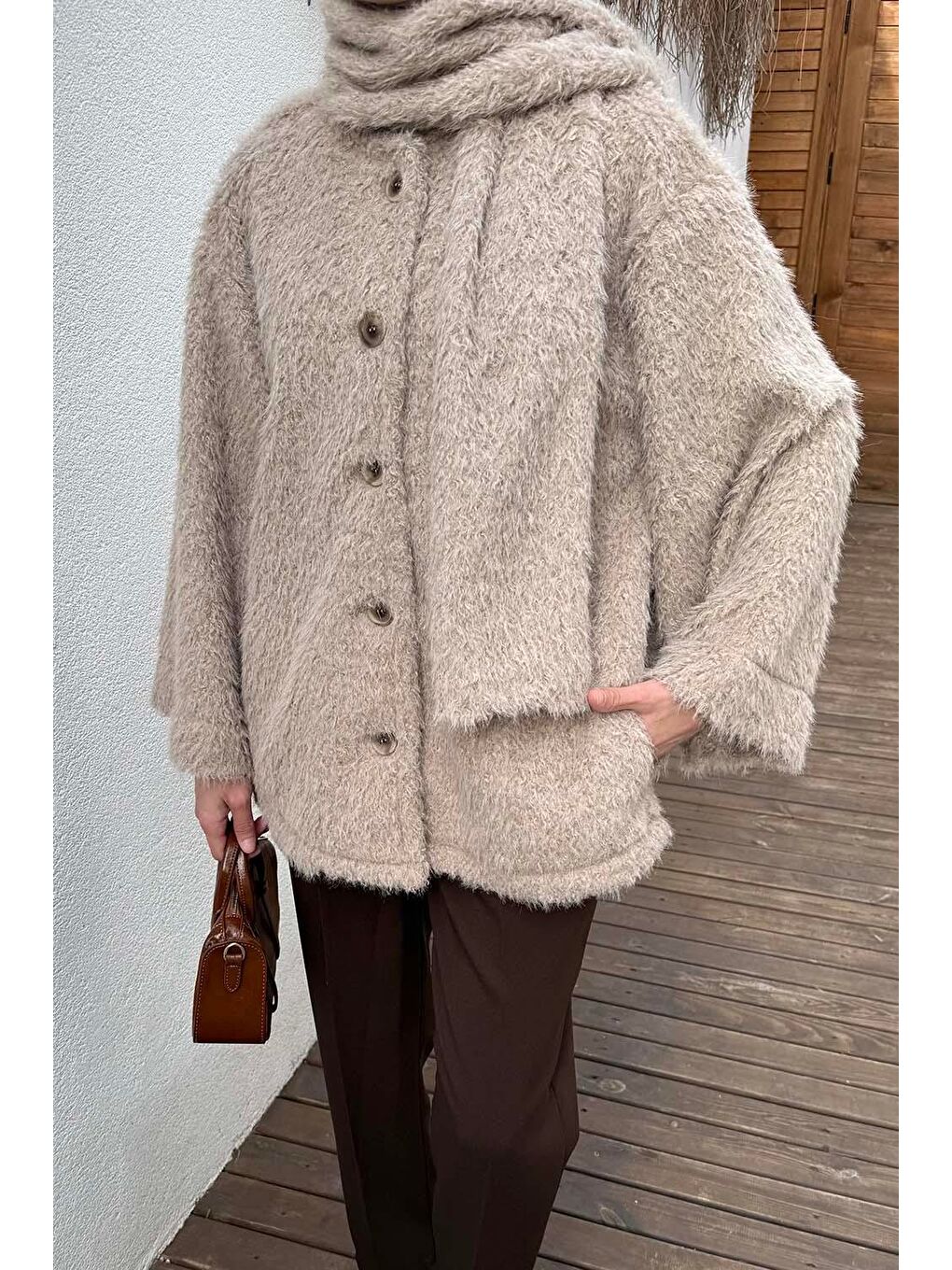 Bej Sakal Kumaş Atkılı Kaban Vizonrengi-2