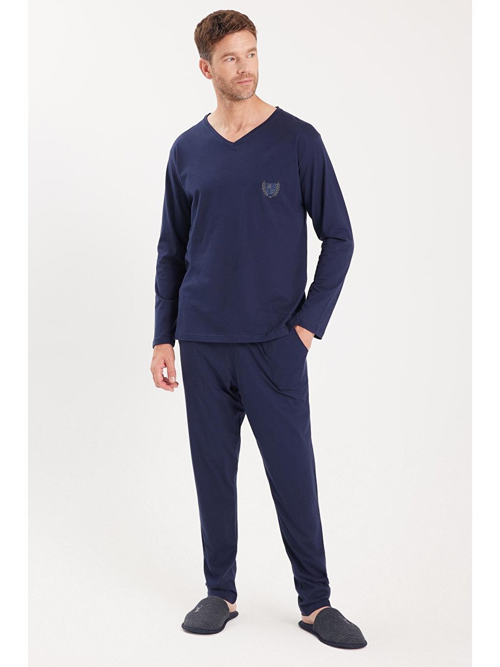 Erkek Standart Fit %100 Pamuk V Yaka Beli Lastikli Lacivert Pijama Takımı-4
