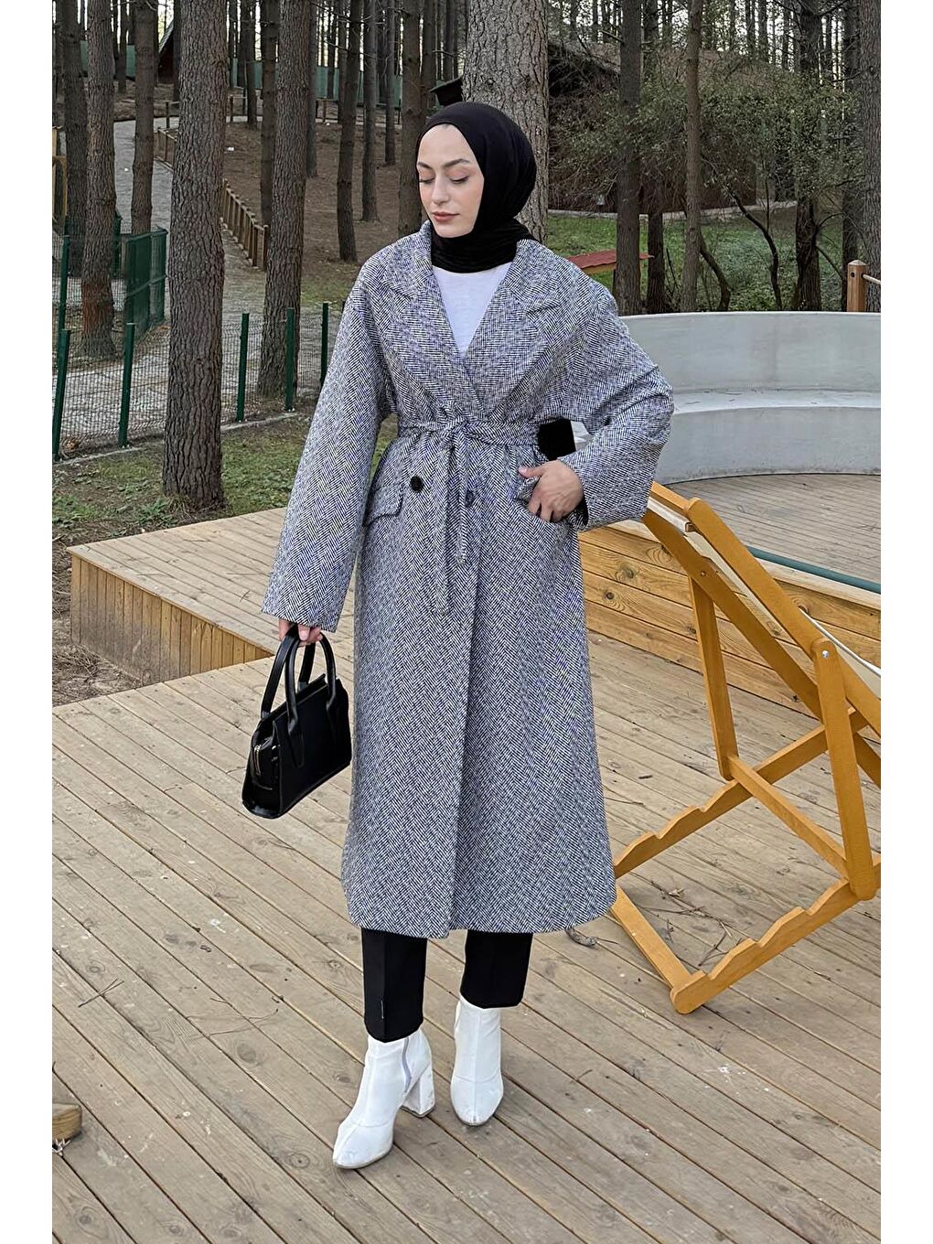 Balıksırtı Desen Bağlama Detaylı Kaban Gri