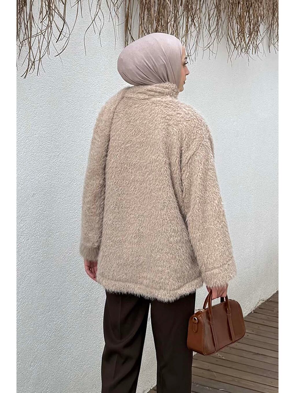 Bej Sakal Kumaş Atkılı Kaban Vizonrengi-3