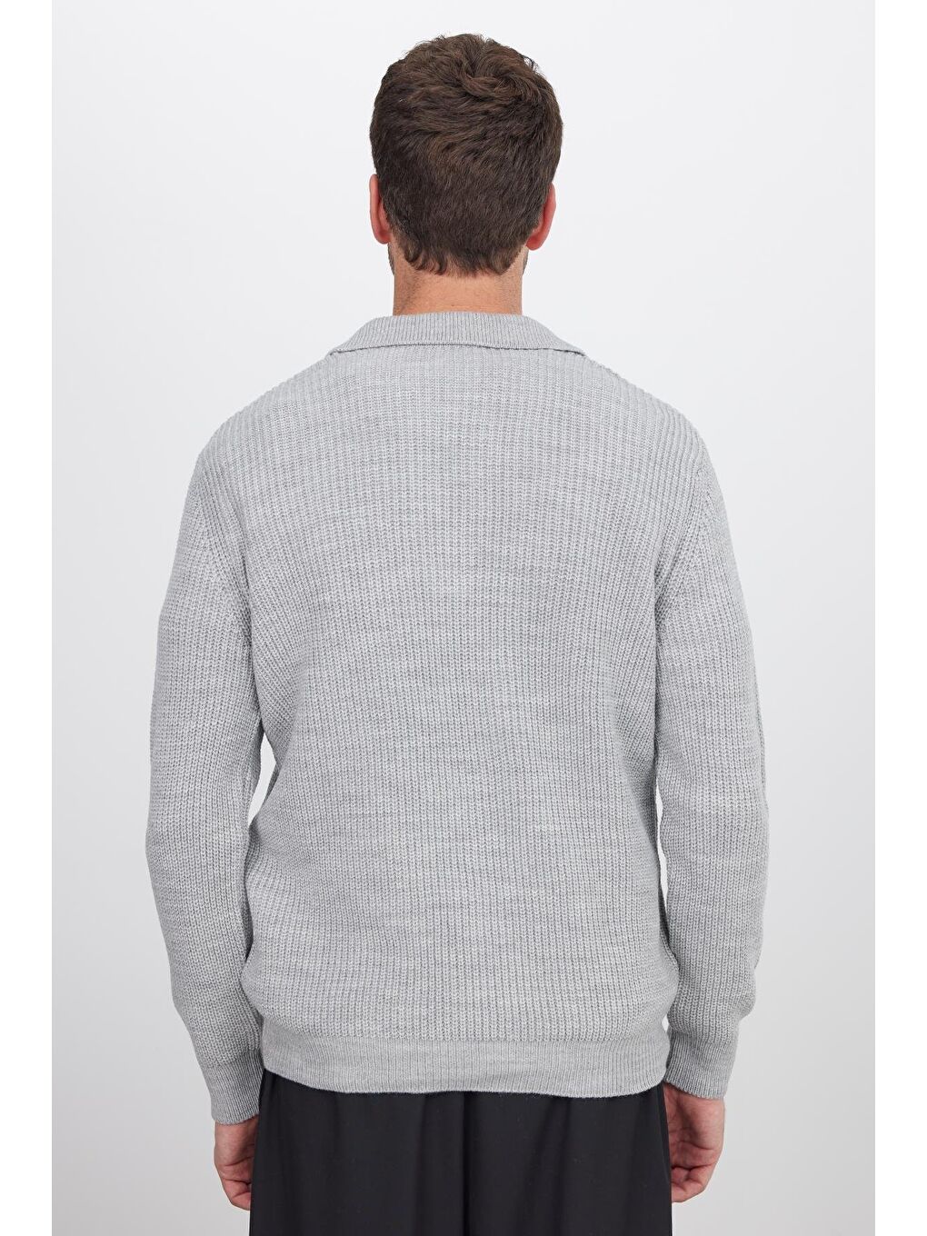 Erkek Slim Fit Dar Kesim Polo Yaka Gri Kazak-6