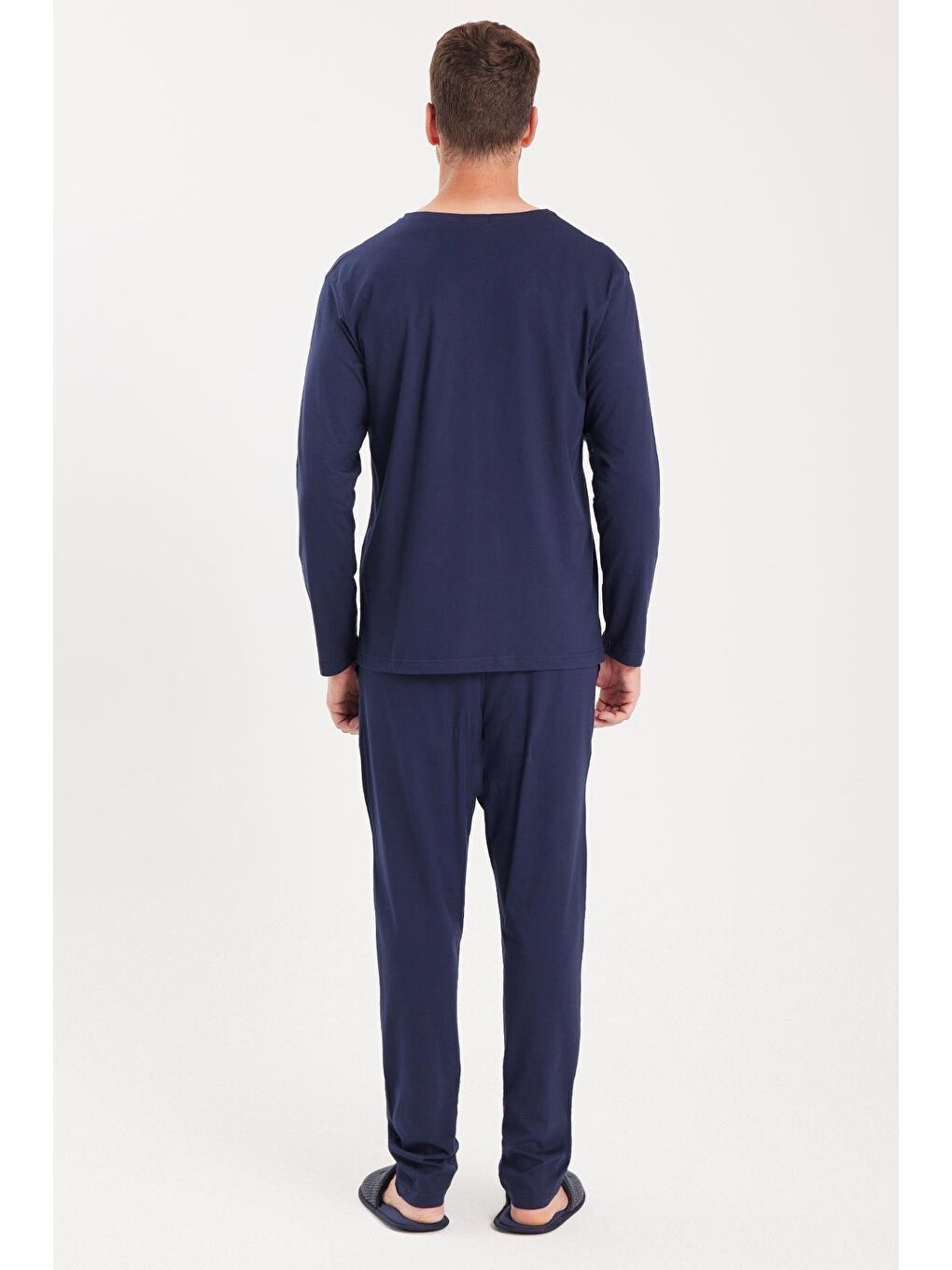 Erkek Standart Fit %100 Pamuk V Yaka Beli Lastikli Lacivert Pijama Takımı-6