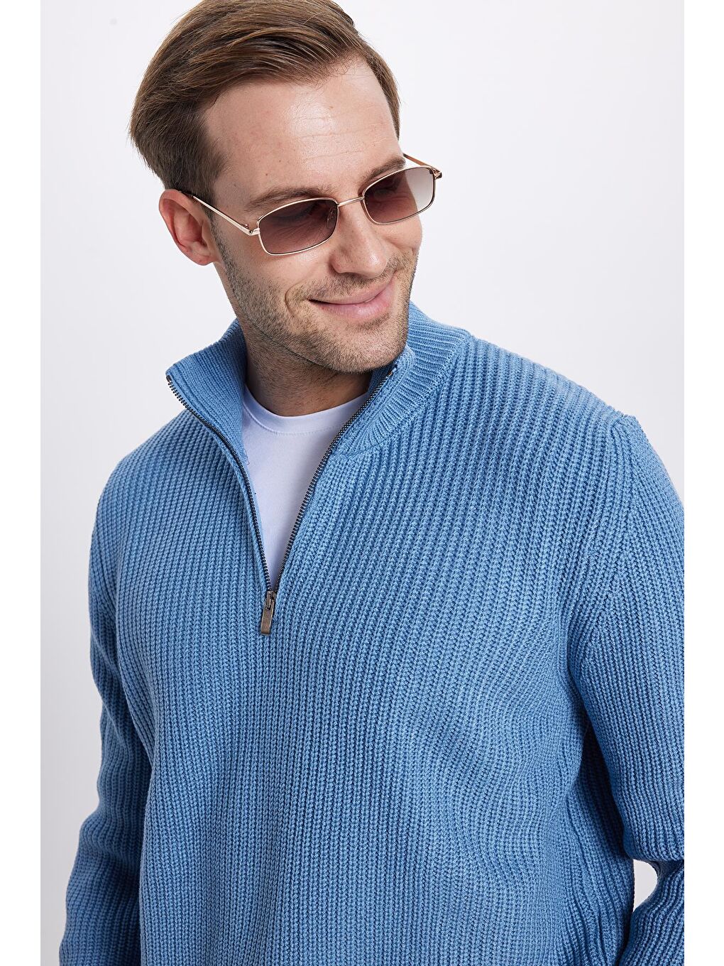 Karışık Erkek 3'Lü Paket İndigo-Vizon-Lacivert Slim Fit Dar Kesim Fermuarlı Dik Yaka Triko Kazak-1