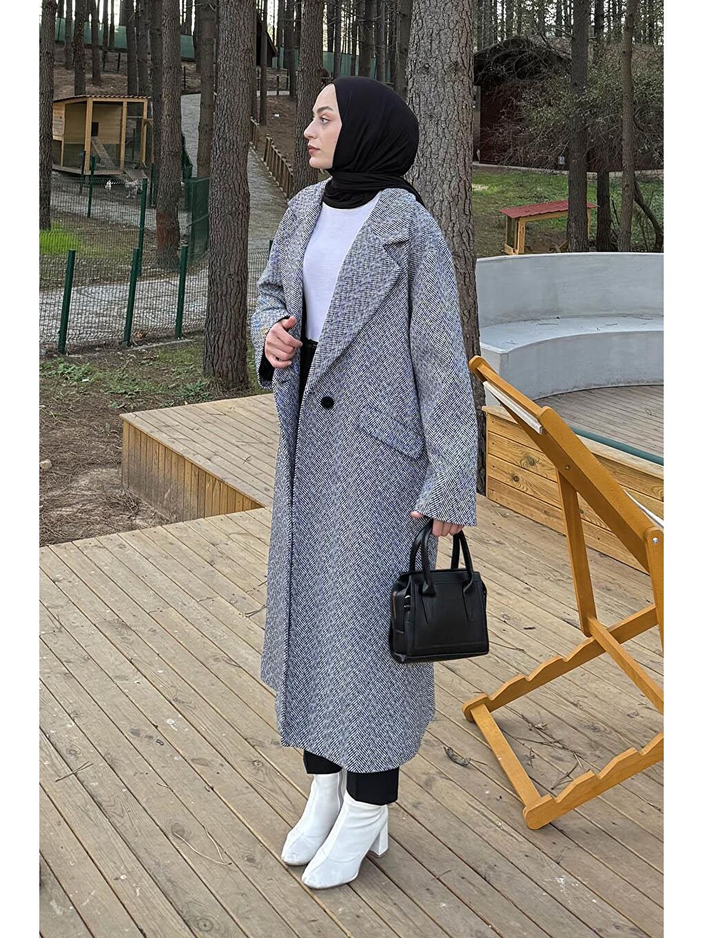 Balıksırtı Desen Bağlama Detaylı Kaban Gri-1