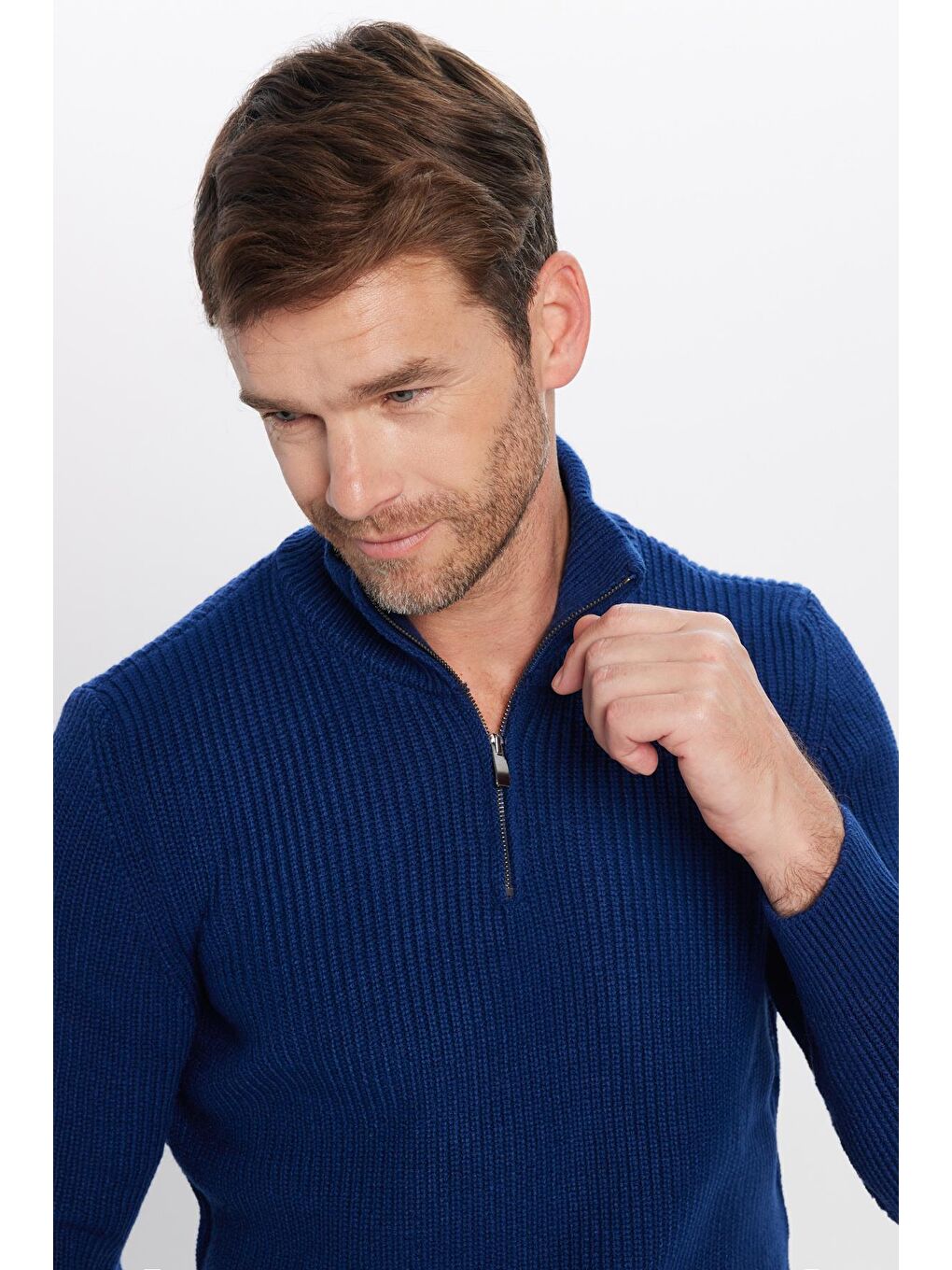 Karışık Erkek 3'Lü Paket İndigo-Vizon-Lacivert Slim Fit Dar Kesim Fermuarlı Dik Yaka Triko Kazak-3