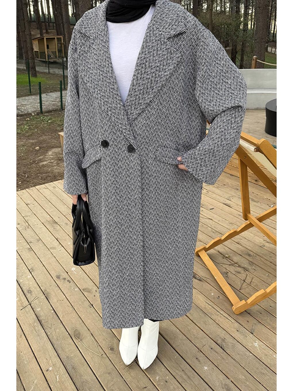 Balıksırtı Desen Bağlama Detaylı Kaban Gri-2