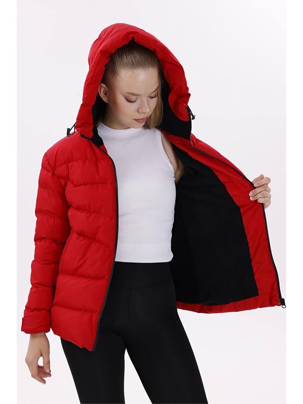 Kırmızı Kadın Kapüşonlu Astarlı Su Geçirmez Rüzgara Dayanıklı Şişme Mont Kaban Parka-3