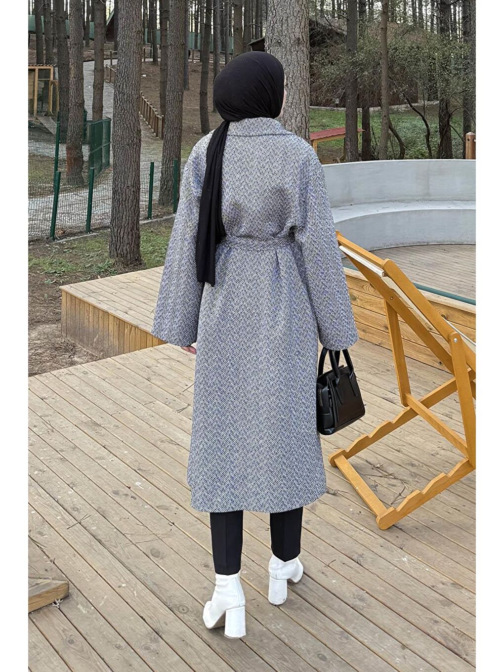 Balıksırtı Desen Bağlama Detaylı Kaban Gri-3