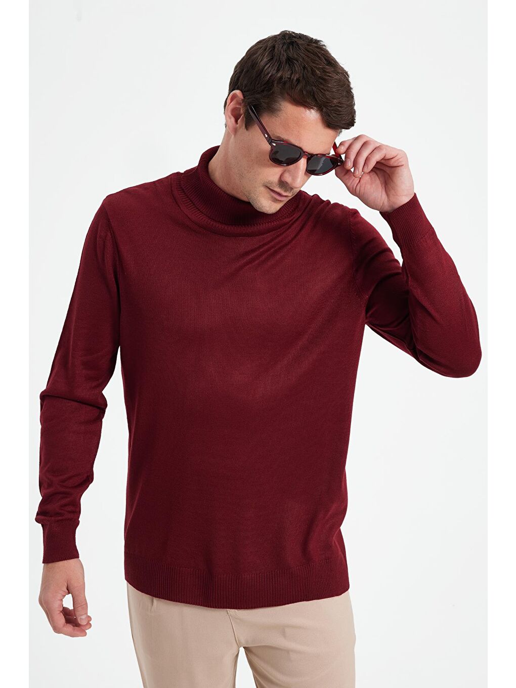 Slim Fit Tam Boğazlı Yaka Düz Yün Bordo Erkek Triko Kazak