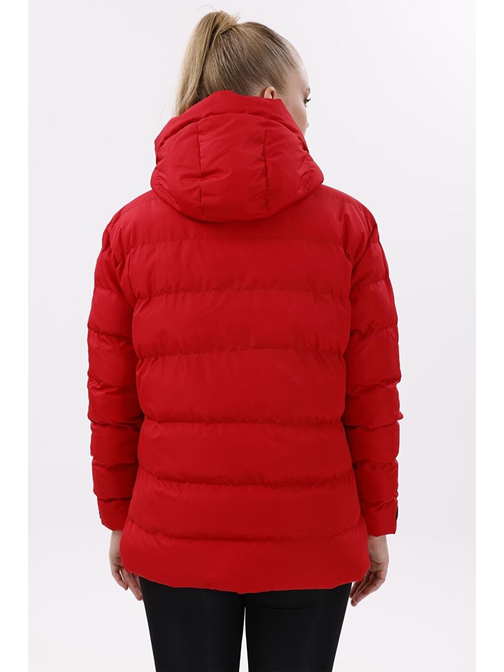 Kırmızı Kadın Kapüşonlu Astarlı Su Geçirmez Rüzgara Dayanıklı Şişme Mont Kaban Parka-4