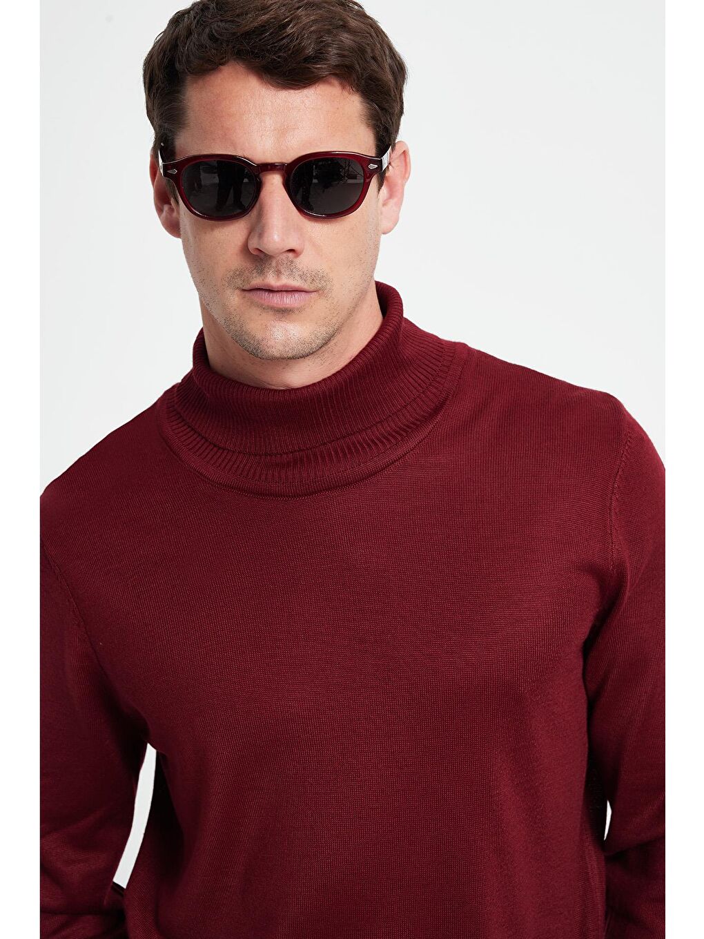 Slim Fit Tam Boğazlı Yaka Düz Yün Bordo Erkek Triko Kazak-1