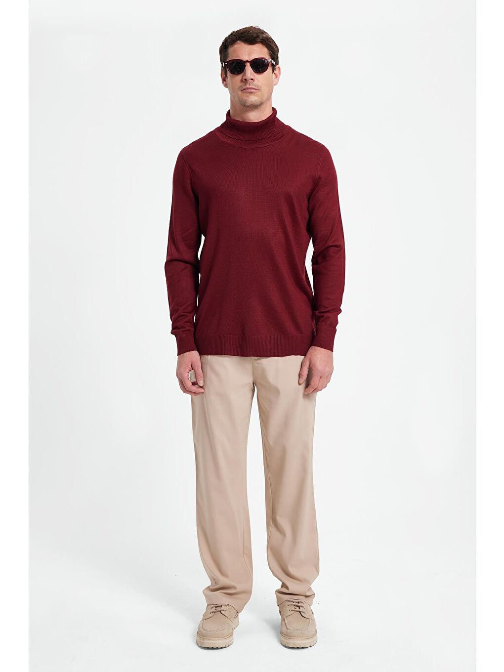 Slim Fit Tam Boğazlı Yaka Düz Yün Bordo Erkek Triko Kazak-2