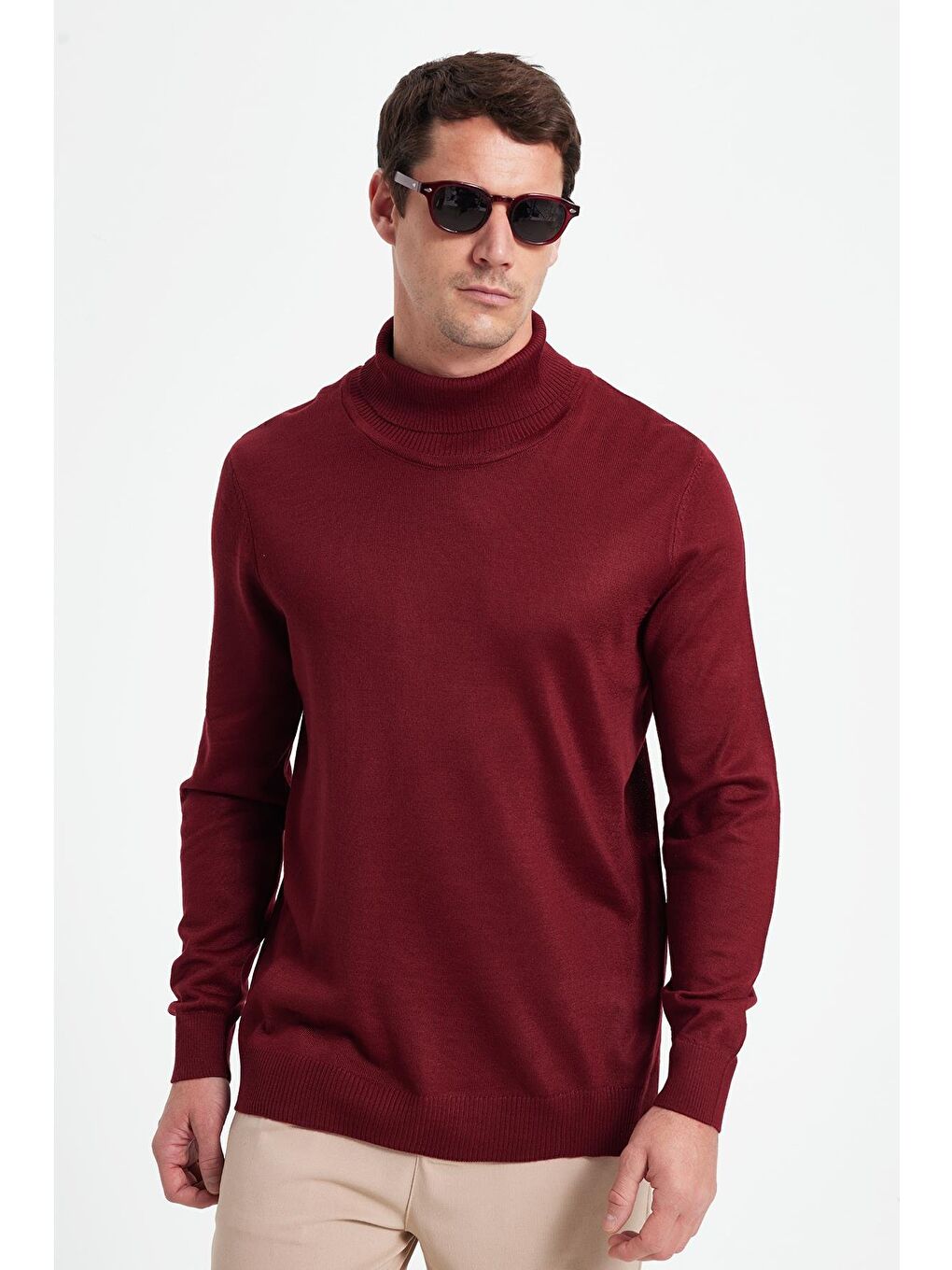 Slim Fit Tam Boğazlı Yaka Düz Yün Bordo Erkek Triko Kazak-3
