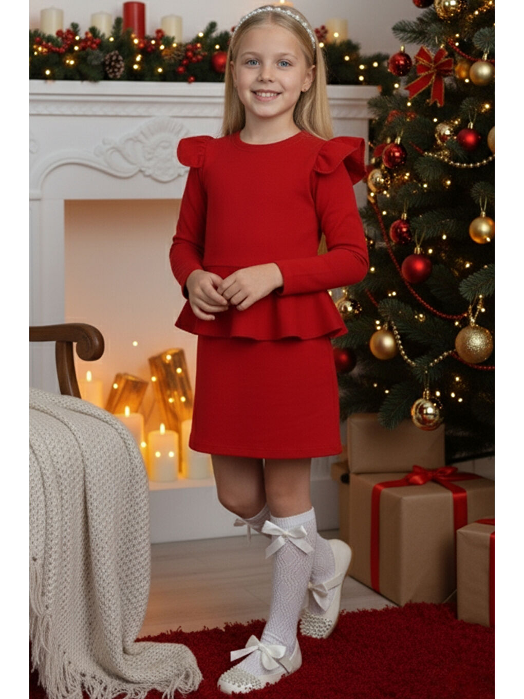Kız Çocuk Diana Kırmızı Volan Etekli Fırfır Detaylı Uzun Kollu Elbise