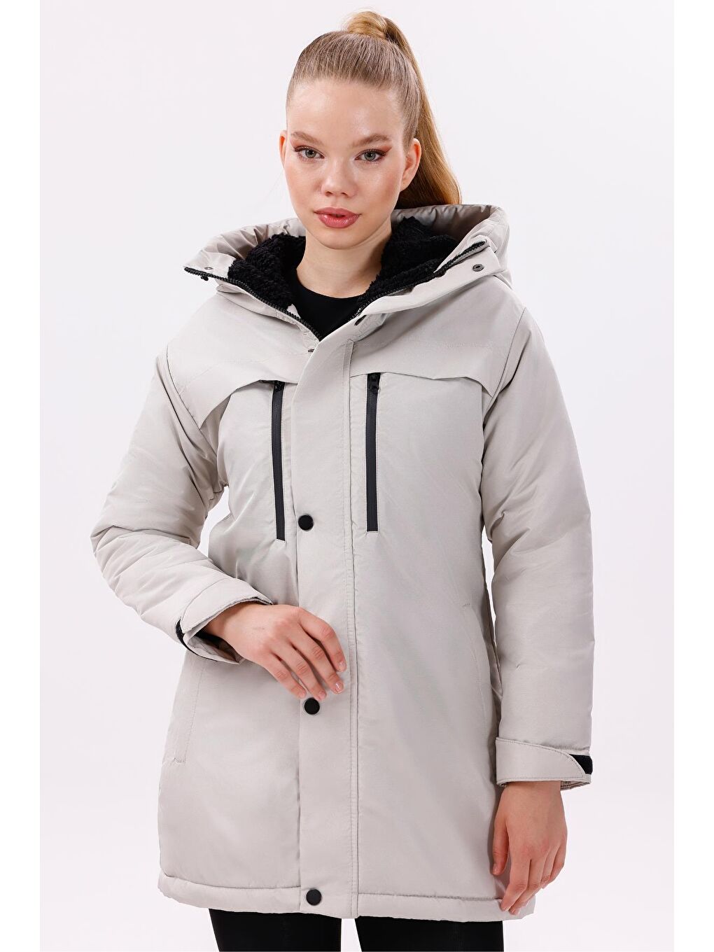 Bej Kadın Polarlı Kürklü Su Ve Rüzgar Geçirmez Kapüşonlu Kışlık Mont & Kaban & Parka-1