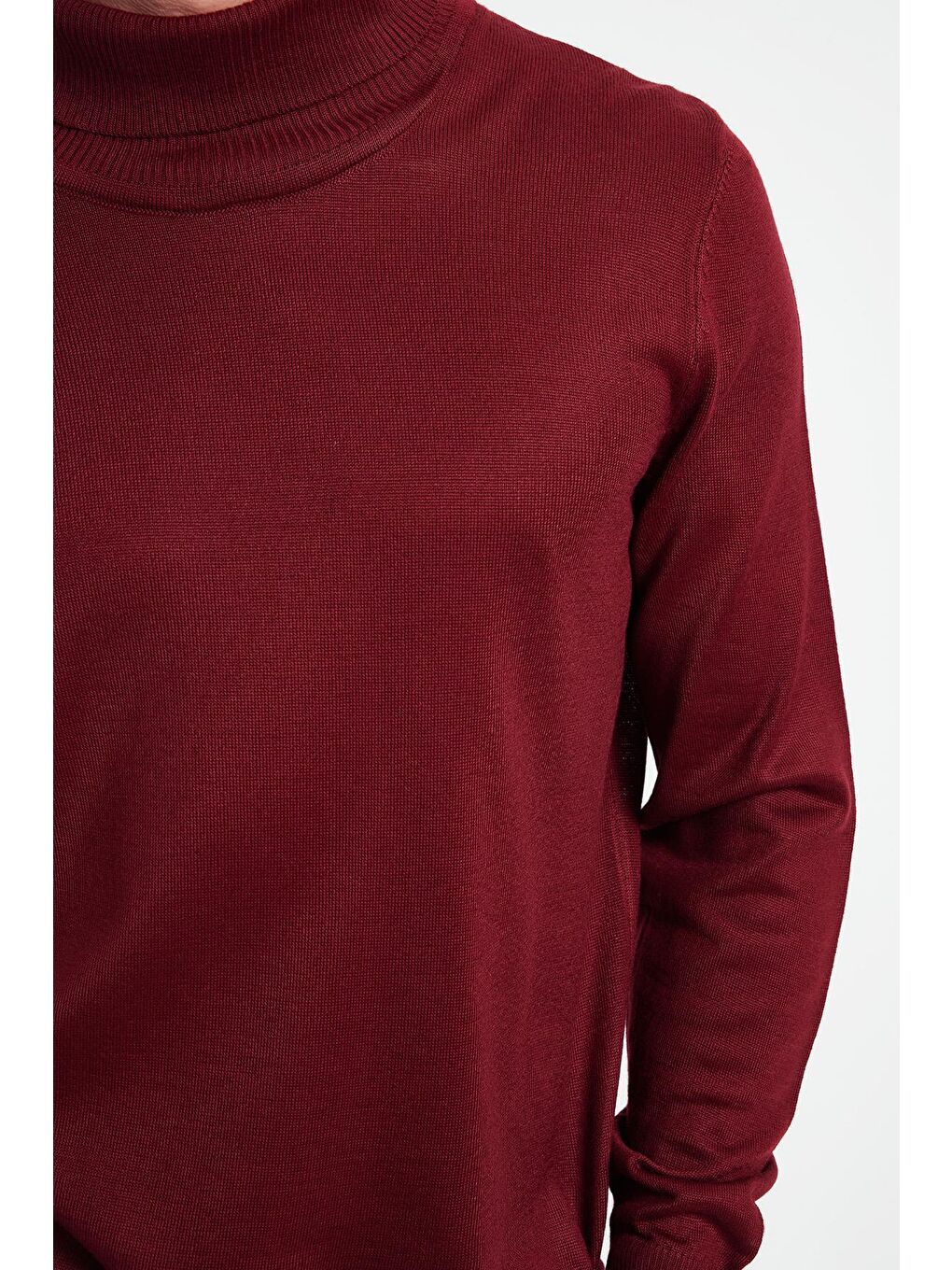 Slim Fit Tam Boğazlı Yaka Düz Yün Bordo Erkek Triko Kazak-4