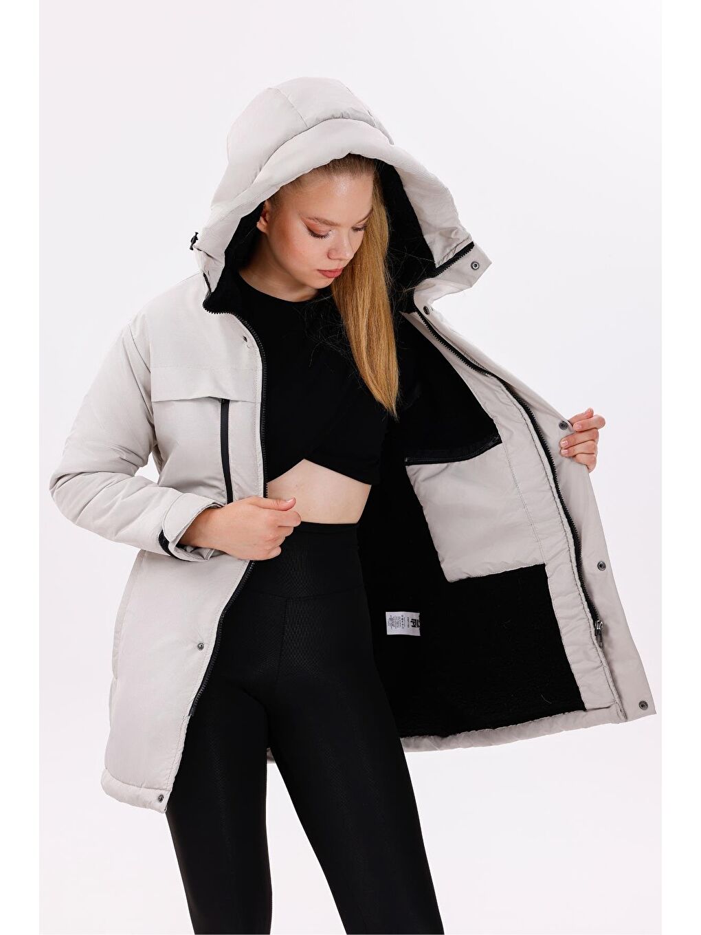 Bej Kadın Polarlı Kürklü Su Ve Rüzgar Geçirmez Kapüşonlu Kışlık Mont & Kaban & Parka-3