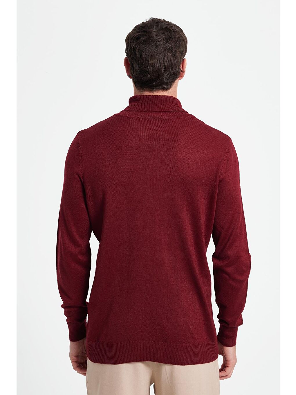 Slim Fit Tam Boğazlı Yaka Düz Yün Bordo Erkek Triko Kazak-6