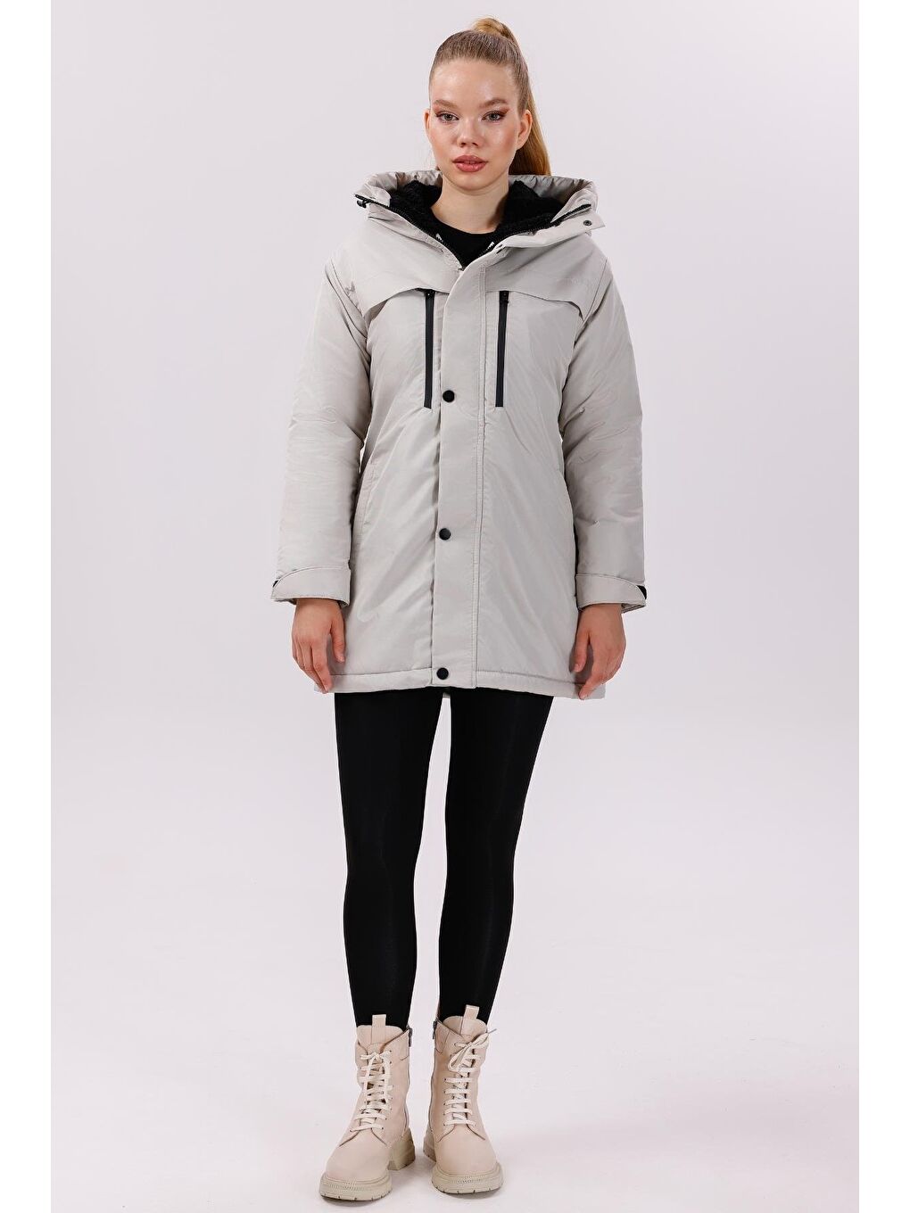 Bej Kadın Polarlı Kürklü Su Ve Rüzgar Geçirmez Kapüşonlu Kışlık Mont & Kaban & Parka-4