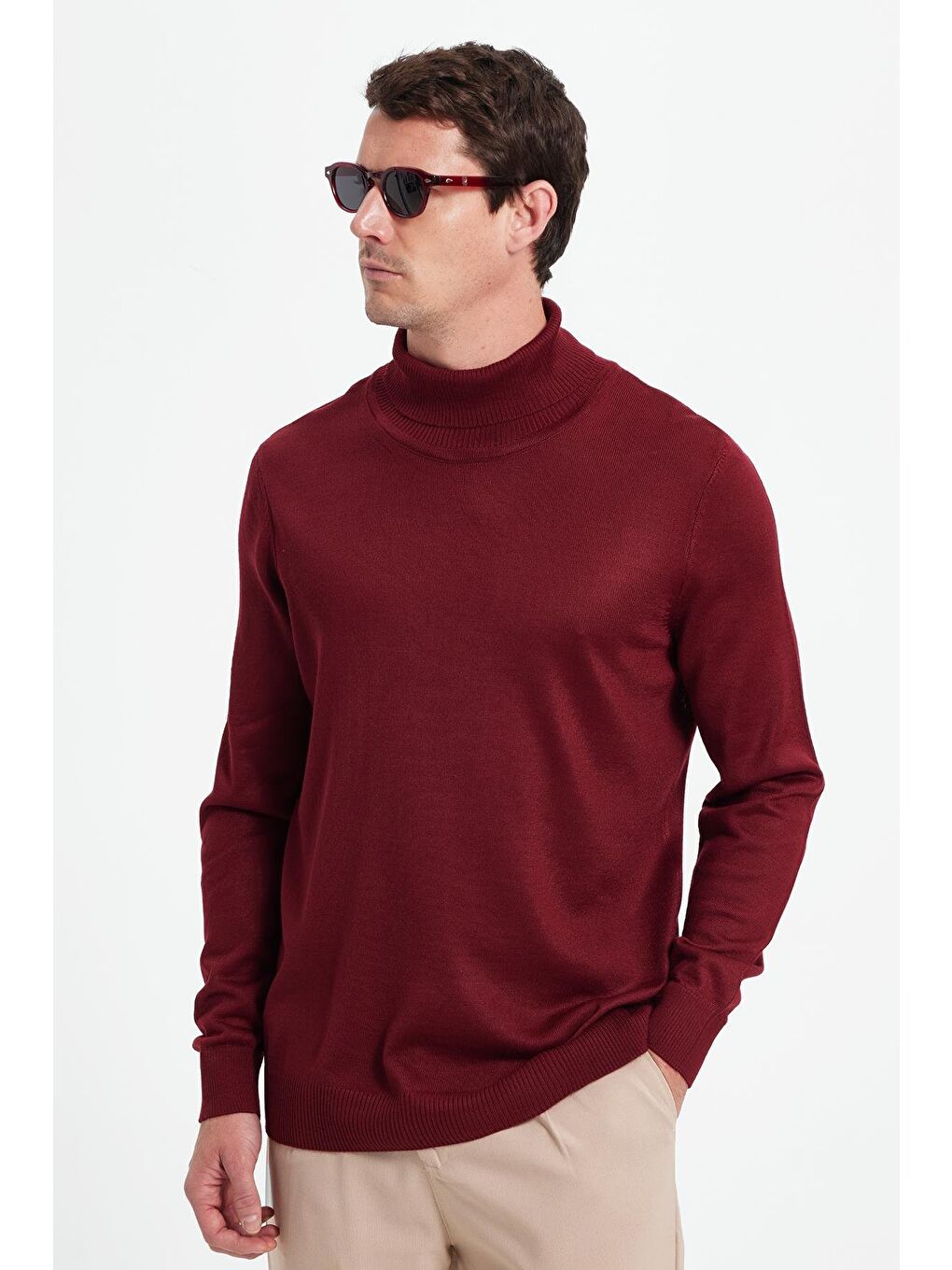 Slim Fit Tam Boğazlı Yaka Düz Yün Bordo Erkek Triko Kazak-7