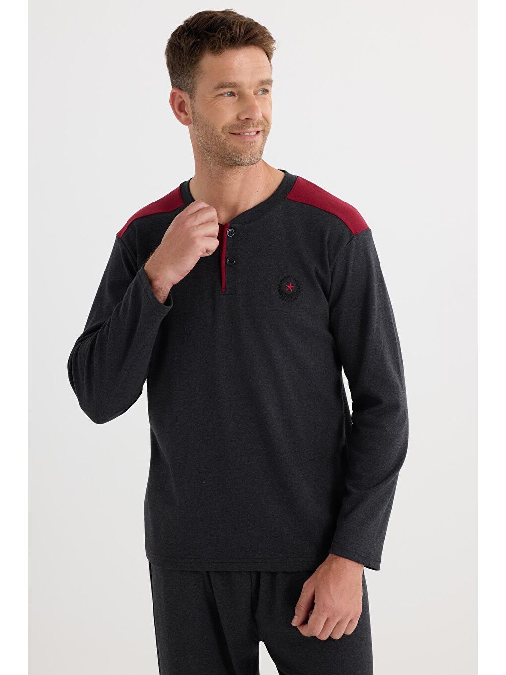 Erkek Regular Fit Pamuklu Düğmeli Yaka Beli Lastikli Desenli Antrasit Pijama Takımı-1