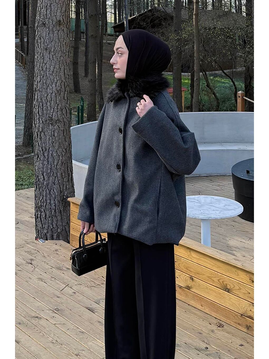 Kürk Yakalı Kaban Antrasit-1