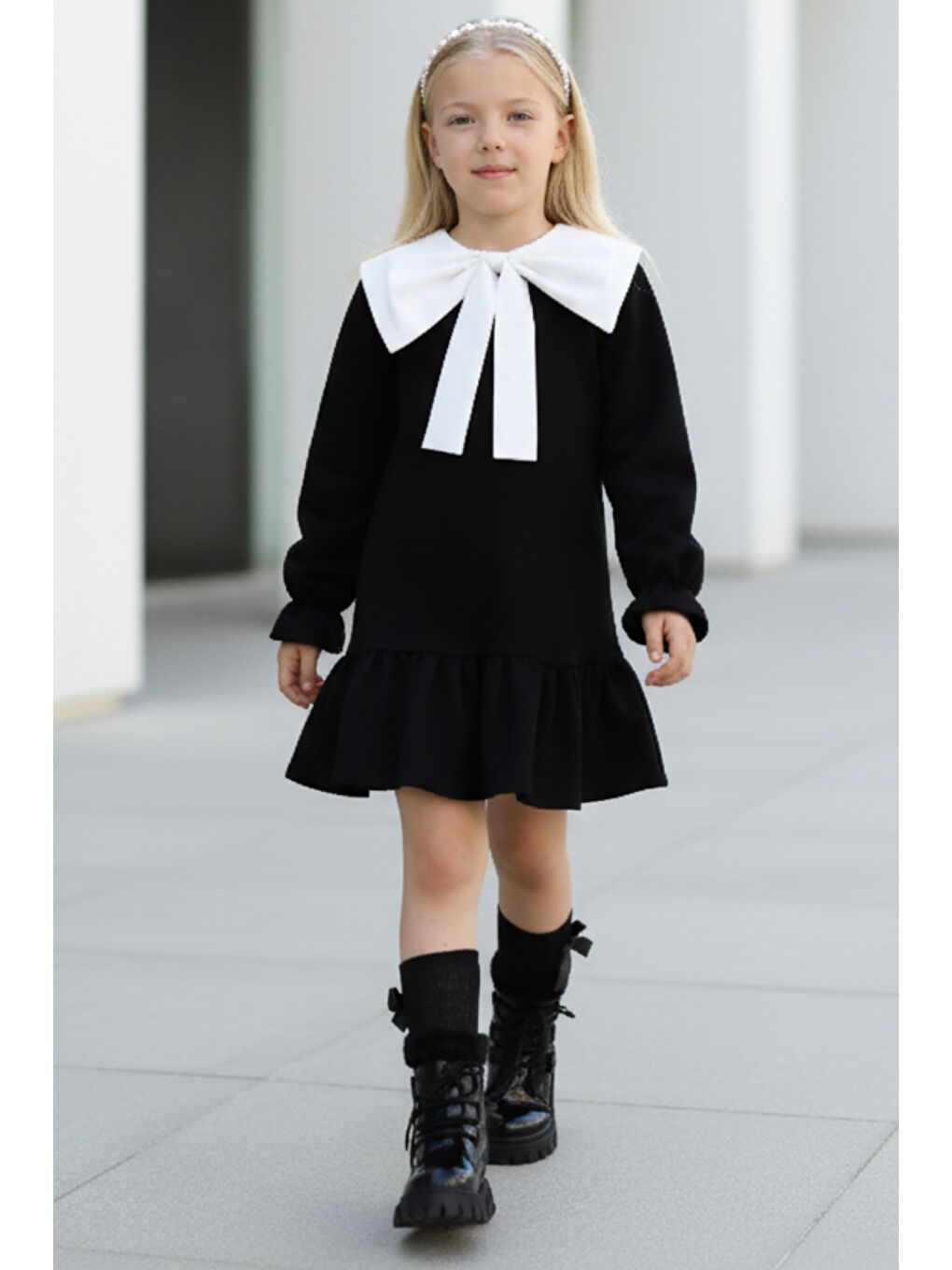 Kız Çocuk Rashel Siyah Elbise Beyaz Yakalı Fırfırlı Uzun Kol 23 Nisan 29 Ekim Gösteri Elbisesi-1