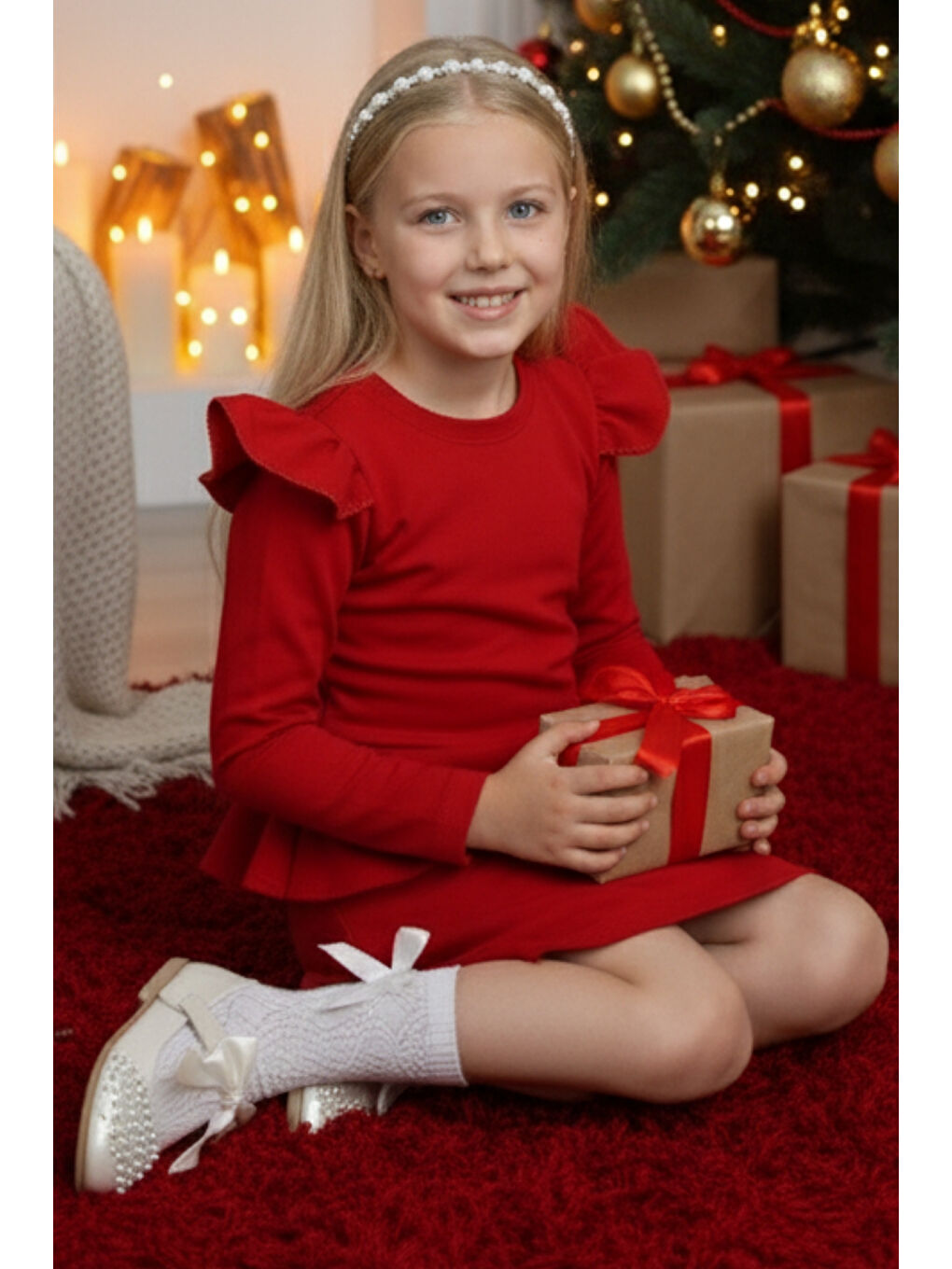 Kız Çocuk Diana Kırmızı Volan Etekli Fırfır Detaylı Uzun Kollu Elbise-3