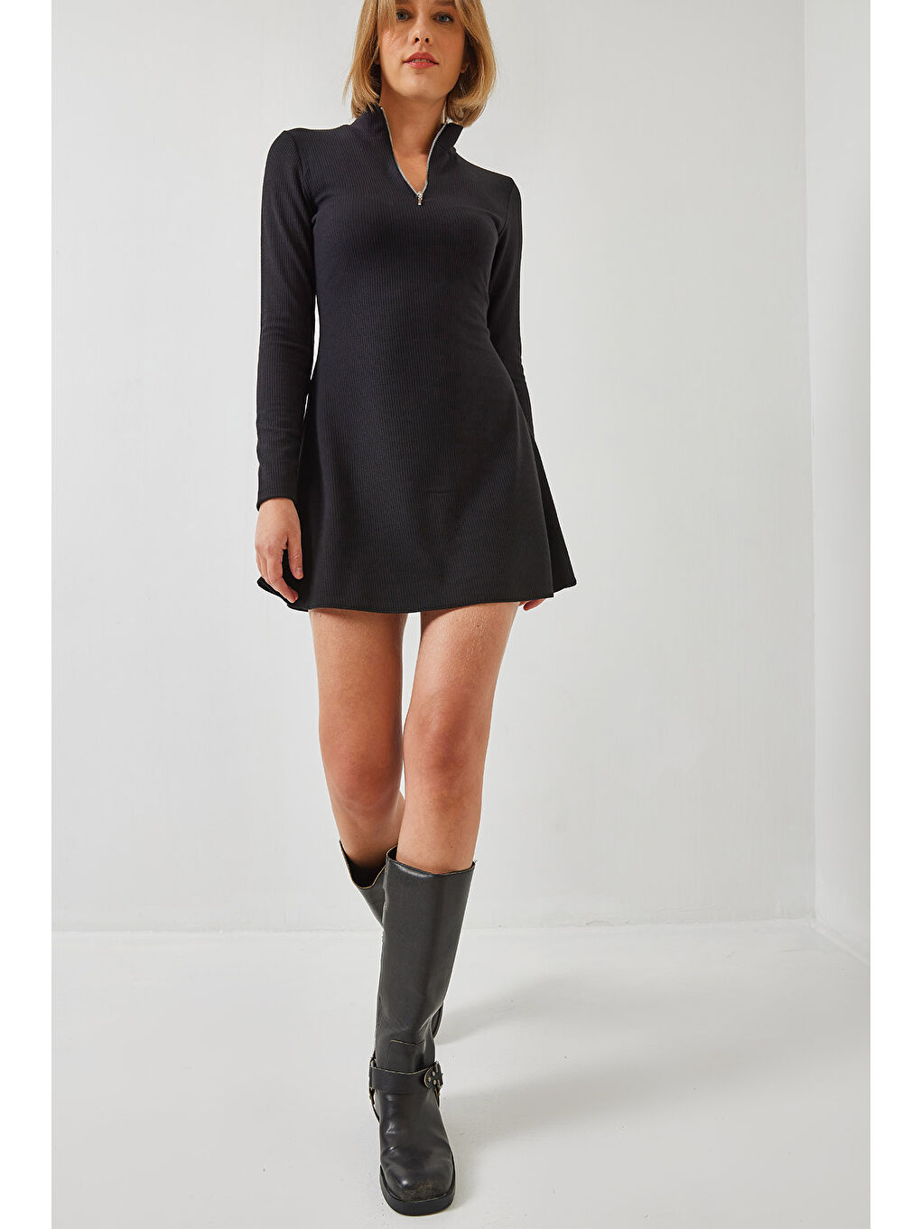 Siyah Kadın Fermuarlı Fitilli Ottoman Kumaş Elbise