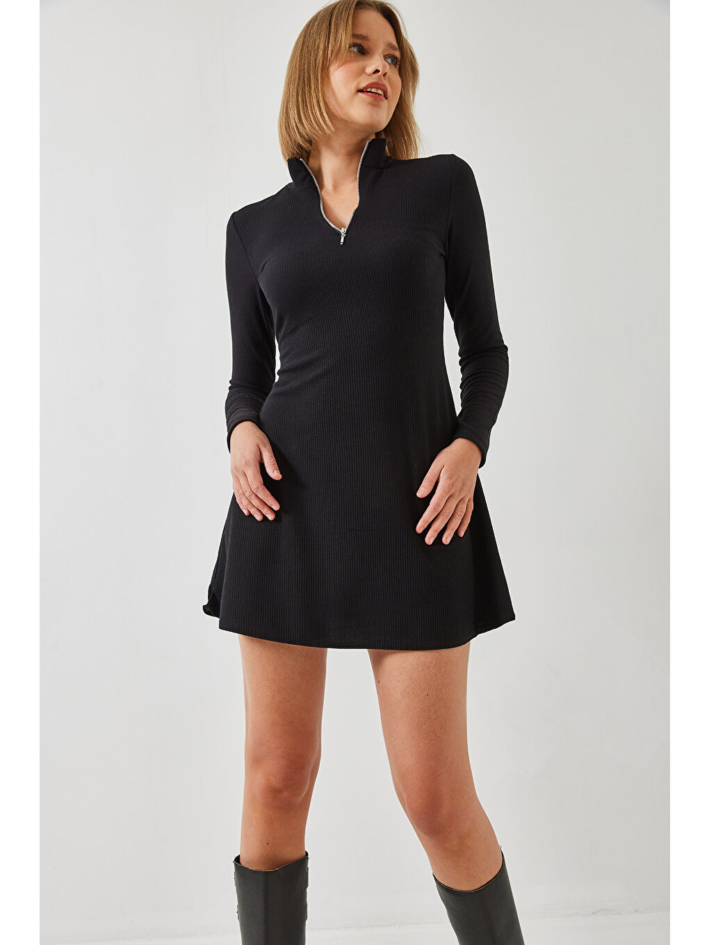 Siyah Kadın Fermuarlı Fitilli Ottoman Kumaş Elbise-1