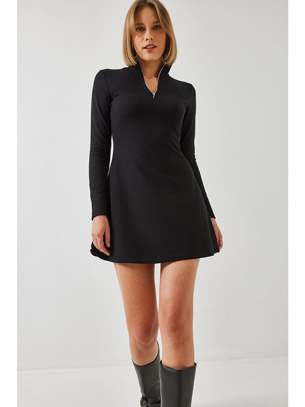 Siyah Kadın Fermuarlı Fitilli Ottoman Kumaş Elbise-2