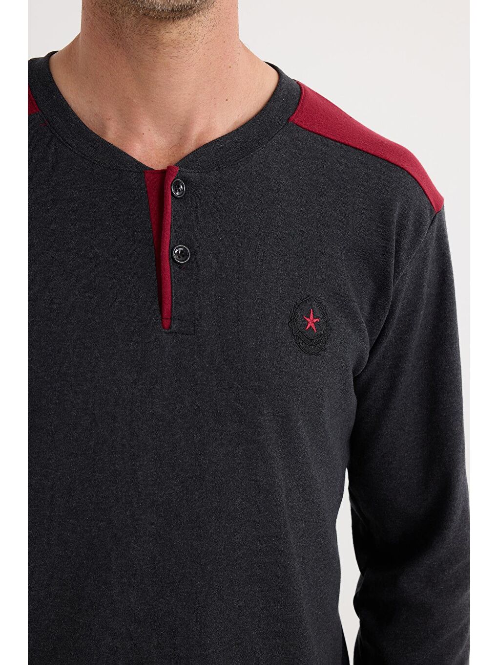 Erkek Regular Fit Pamuklu Düğmeli Yaka Beli Lastikli Desenli Antrasit Pijama Takımı-2