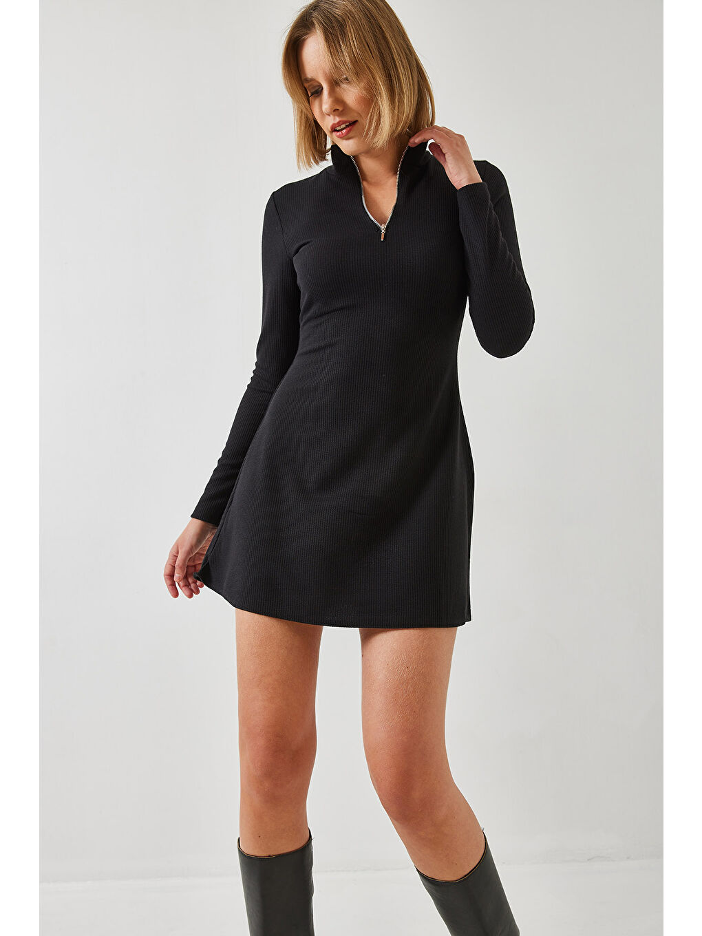 Siyah Kadın Fermuarlı Fitilli Ottoman Kumaş Elbise-3