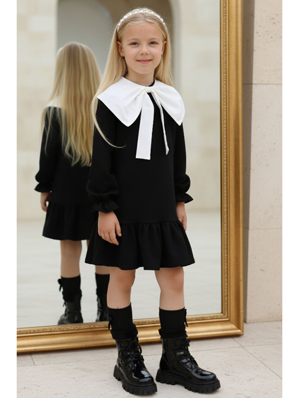 Kız Çocuk Rashel Siyah Elbise Beyaz Yakalı Fırfırlı Uzun Kol 23 Nisan 29 Ekim Gösteri Elbisesi-2