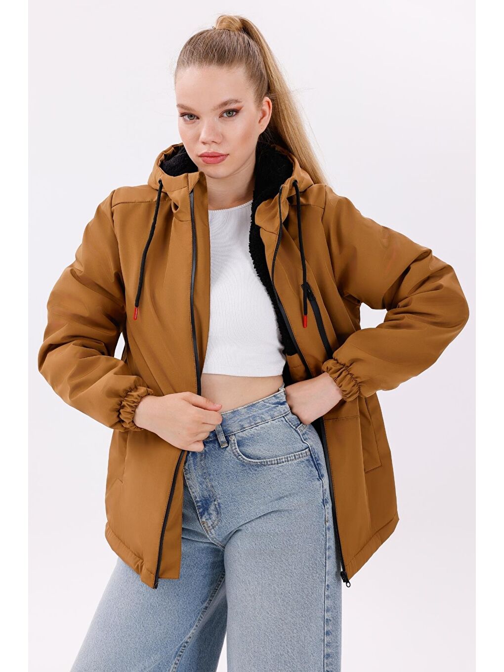 Kahverengi Kadın Kürklü Su Ve Rüzgar Geçirmez Kapüşonlu Kışlık Mont & Kaban & Parka-1