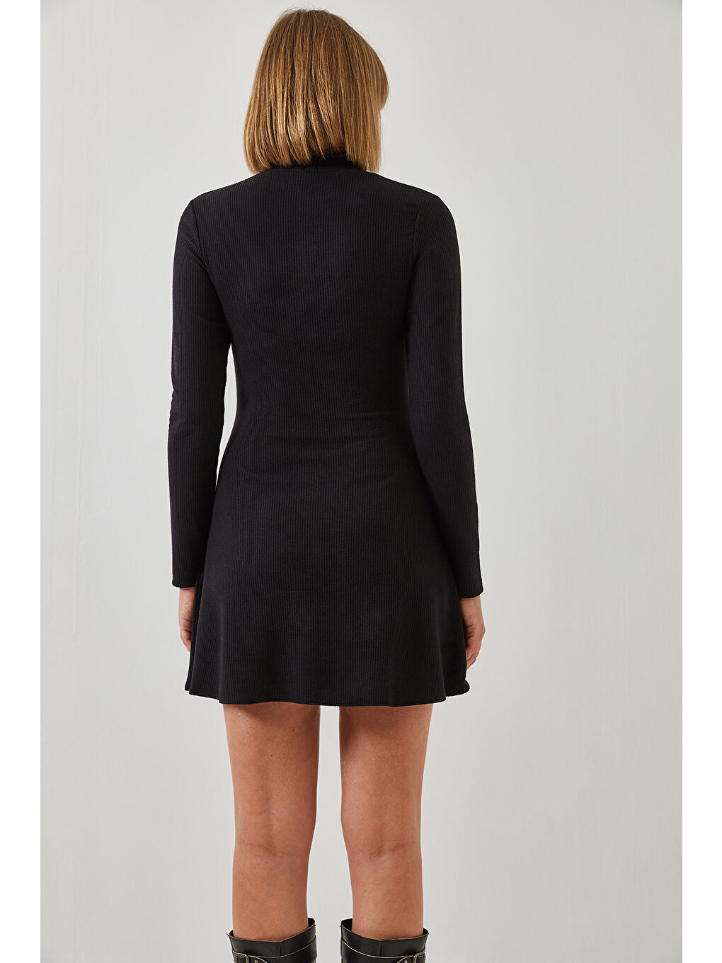 Siyah Kadın Fermuarlı Fitilli Ottoman Kumaş Elbise-5