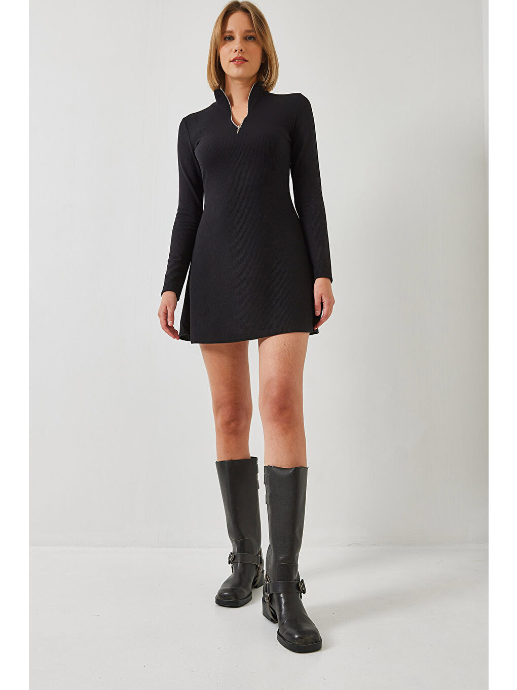 Siyah Kadın Fermuarlı Fitilli Ottoman Kumaş Elbise-6