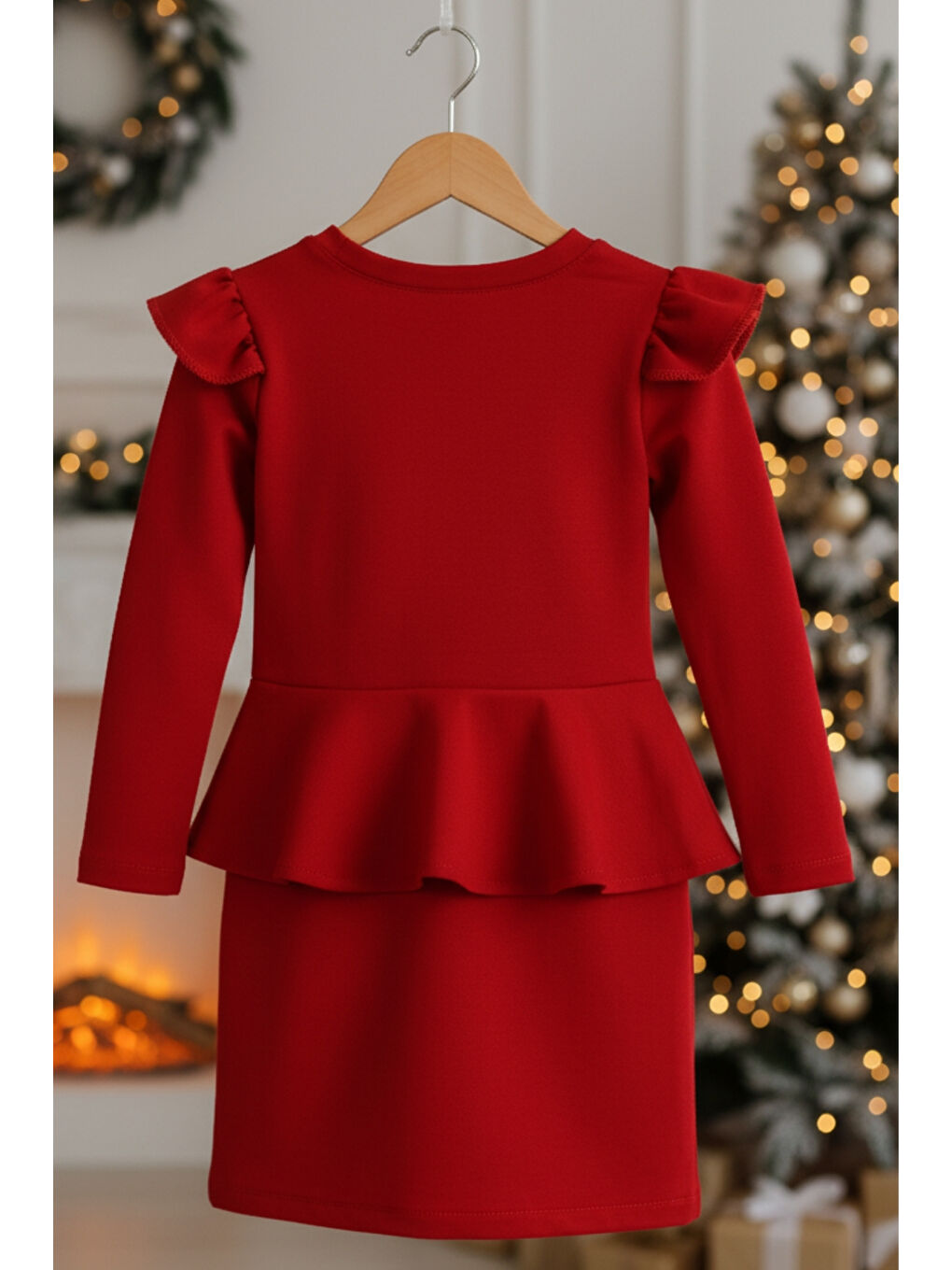 Kız Çocuk Diana Kırmızı Volan Etekli Fırfır Detaylı Uzun Kollu Elbise-4