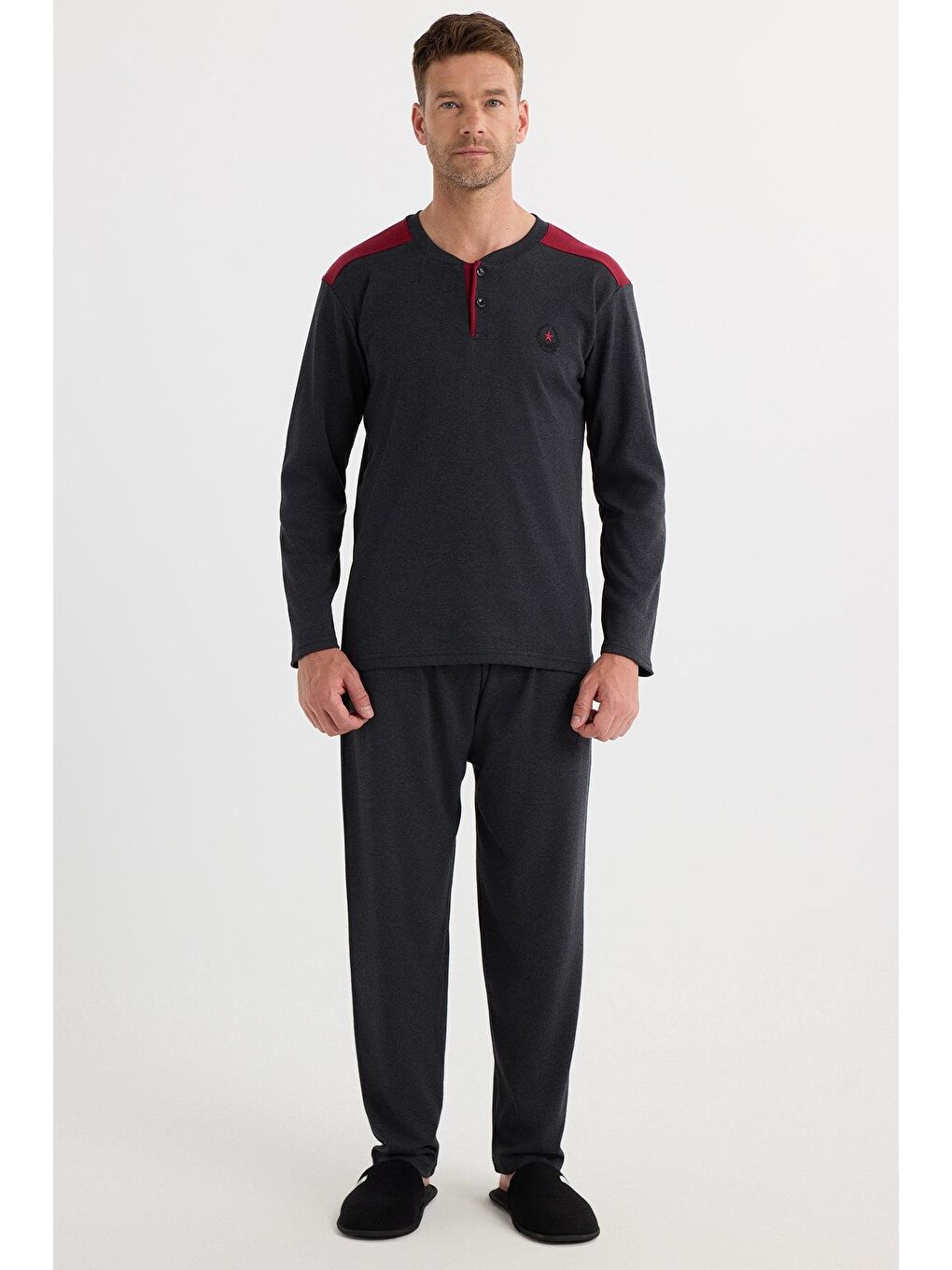 Erkek Regular Fit Pamuklu Düğmeli Yaka Beli Lastikli Desenli Antrasit Pijama Takımı-3