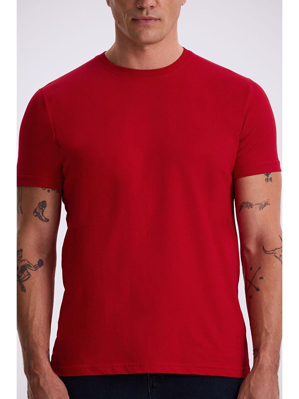 Kırmızı %100 Pamuk Slim Fit Bisiklet Yaka Basic T-Shirt-2