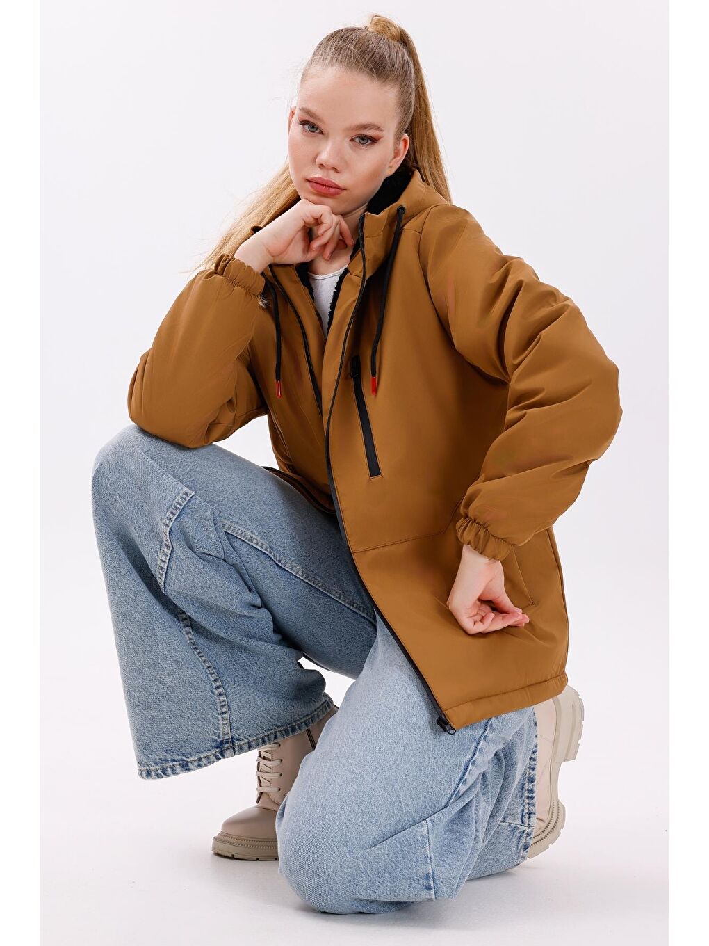 Kahverengi Kadın Kürklü Su Ve Rüzgar Geçirmez Kapüşonlu Kışlık Mont & Kaban & Parka-4