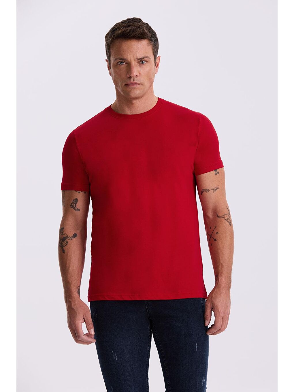 Kırmızı %100 Pamuk Slim Fit Bisiklet Yaka Basic T-Shirt-3