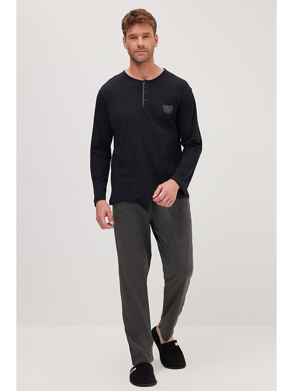 Erkek Standart Fit Normal Kesim %100 Pamuk Bisiklet Yaka Beli Lastikli Antrasit Pijama Takımı-3