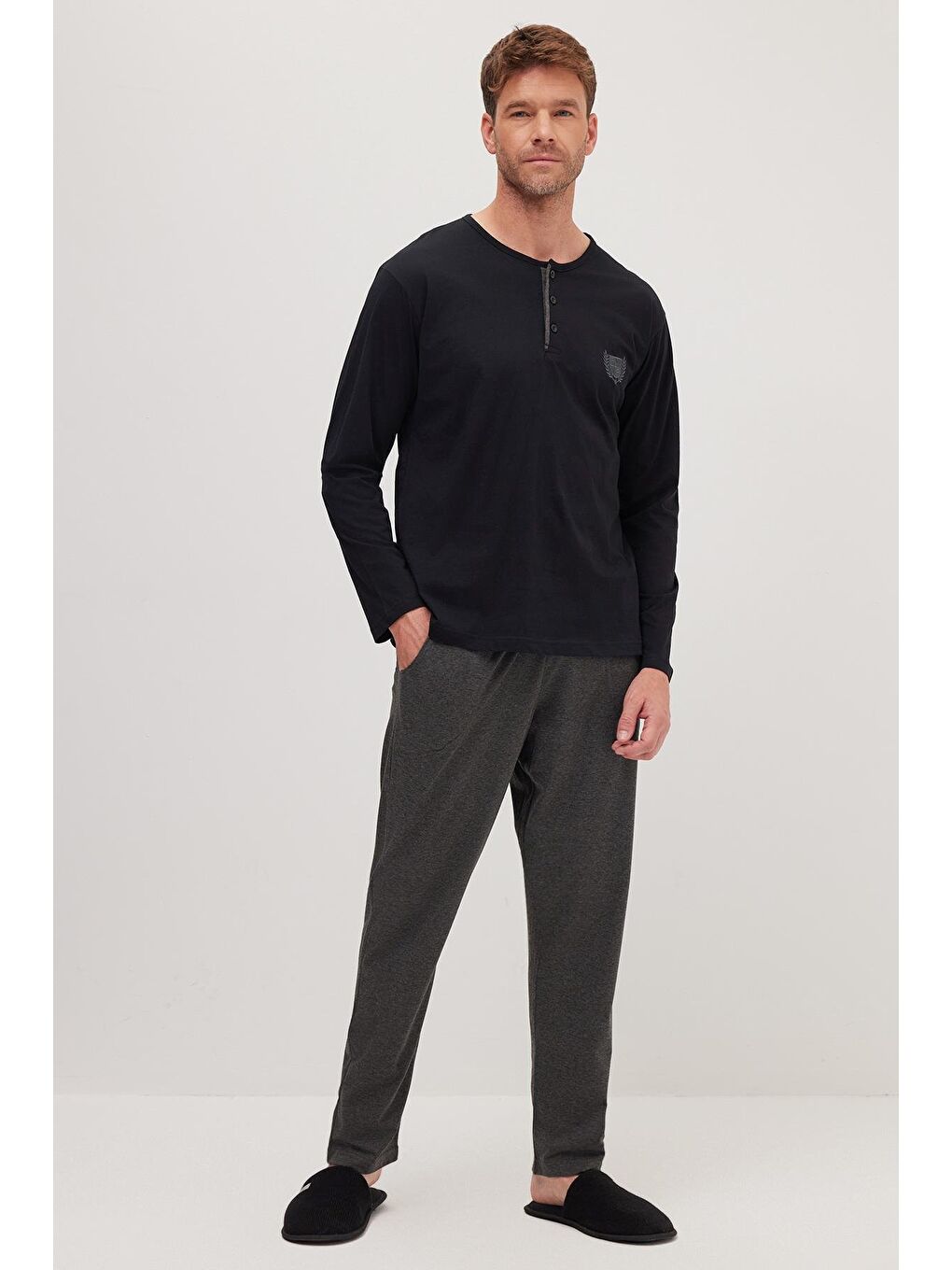 Erkek Standart Fit Normal Kesim %100 Pamuk Bisiklet Yaka Beli Lastikli Antrasit Pijama Takımı-4