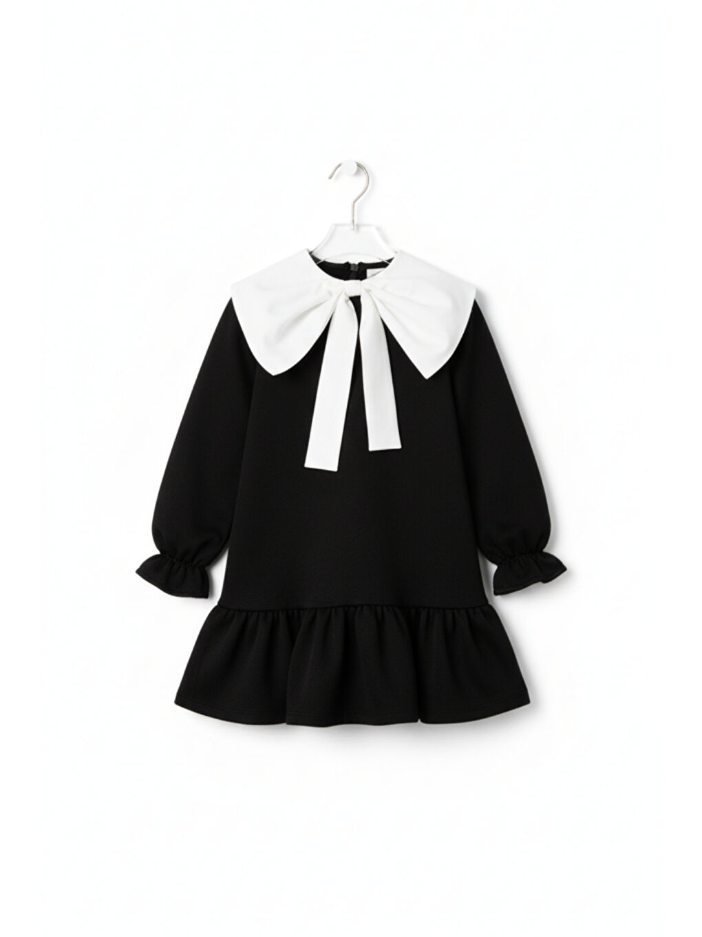 Kız Çocuk Rashel Siyah Elbise Beyaz Yakalı Fırfırlı Uzun Kol 23 Nisan 29 Ekim Gösteri Elbisesi-4