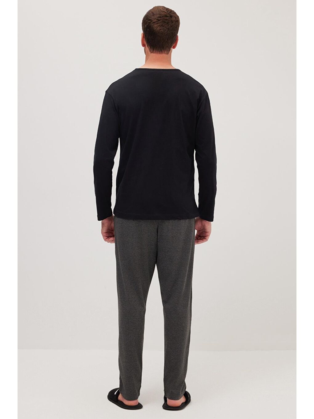 Erkek Standart Fit Normal Kesim %100 Pamuk Bisiklet Yaka Beli Lastikli Antrasit Pijama Takımı-6